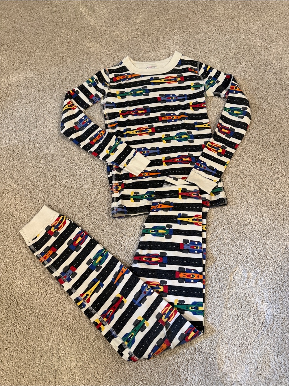 Hanna Andersson Kids White & Black Striped Race Car Pajama Set - size 10